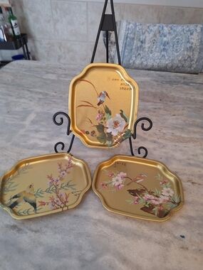 Gold Floral Bird Decorative Trays - Set of 3